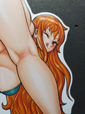 Cartoon character with long orange hair and a blue bikini top on a black background